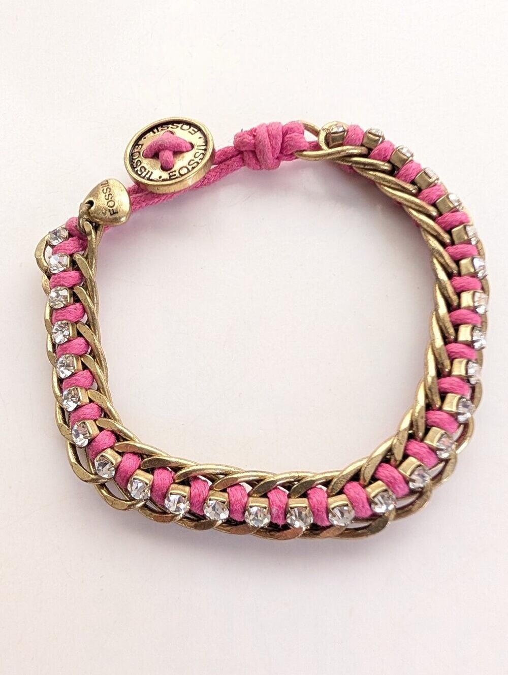 Fossil Y2K 2000s Rhinestone Gold Tone Chain Button Toggle Charm Pink Bracelet